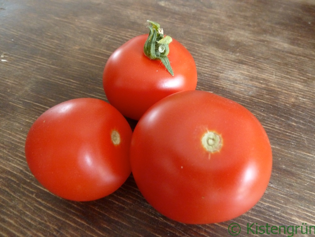 Rote Balkontomaten auf einem brauen Holztisch.