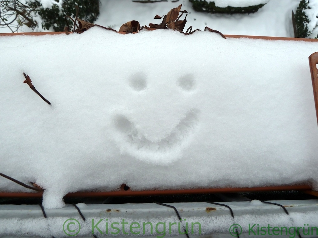 Balkonkasten mit Schnee, in dem ein lächelndes Gesicht gemalt ist